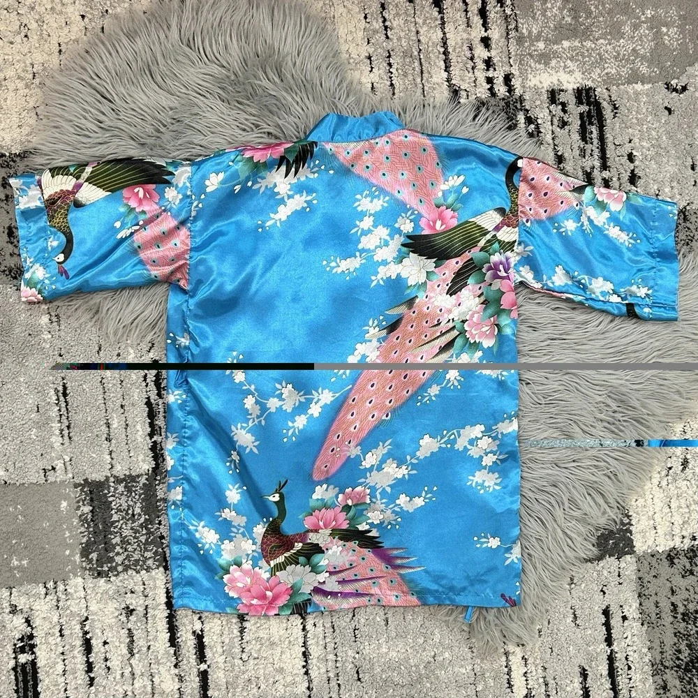 Children's One Size Blue Kimono Robe Top With Peacock Design